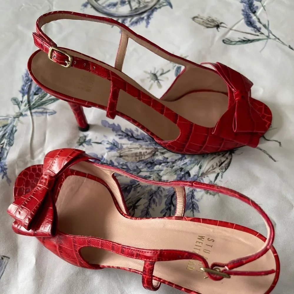 ‎Stuart Weitzman Red Croc Embossed Sandal heels